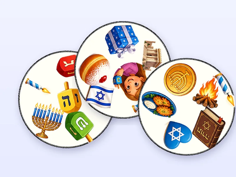 קלפים עגולים של משחק מצא את הזהה עם תמונות חנוכה — סביבונים, חנוכייה וסופגנייה