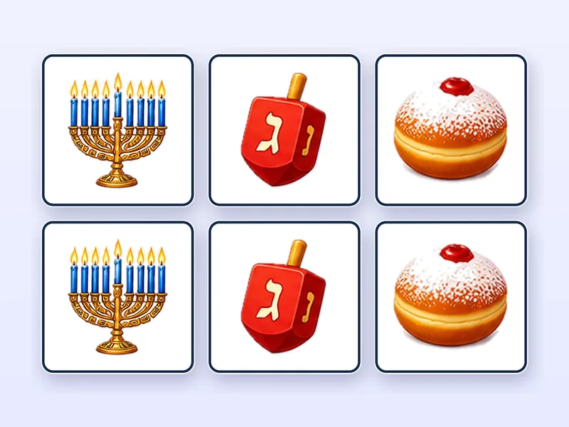 משחק זיכרון מתמונות להדפסה — זוגות של חנוכייה, סביבון וסופגנייה